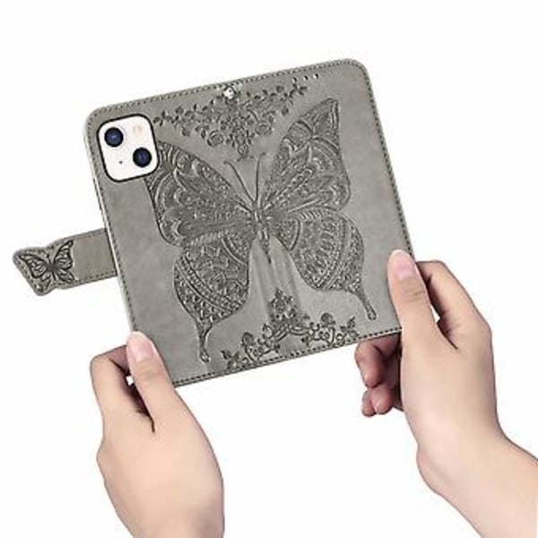 Fjäril Kärlek Blomma Läderfodral För iPhone 13 mini Grey