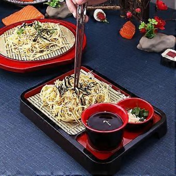 1 Set Japansk Stil Kall Nudelbricka Rektangulär Soba Nudelplatta med Bambumatta