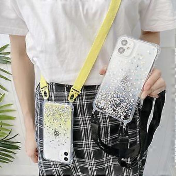 Glitter-liukuvärjätty puhelinkotelo, sopii iPhone 13 Promax -puhelimelle, läpinäkyvä puhelinkotelo leveällä crossbody-kaulanauhalla, keltainen
