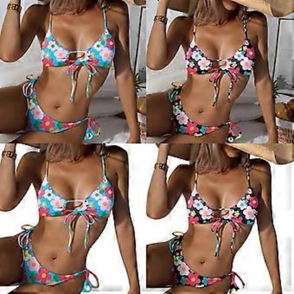 Dame Split Badedragt Tanga Komfortabel 2-delt Stroppy Svømmedragt Wrap Højbenet Strandtøj Halter String Bikinisæt Tryk på blå baggrund M Printing on blue bac M