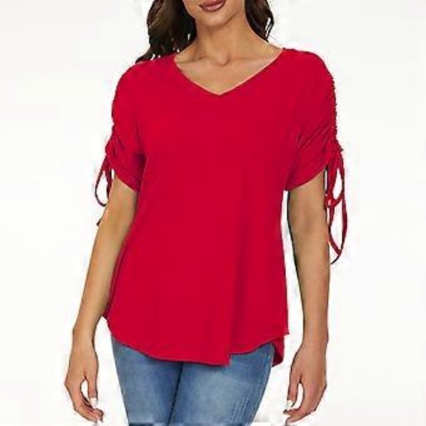 Rød XL Dame Bluse med Snøring i Ermene, V-hals, Ensfarget, Frontlomme, Moderne og Ledig Passform, Bluse for Dates