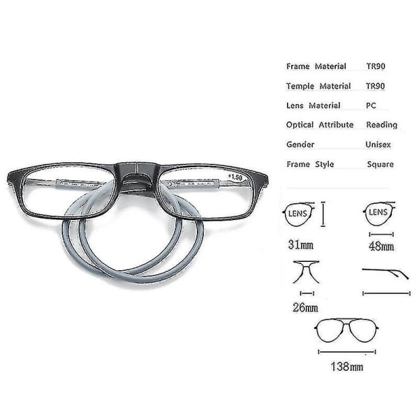Läsglasögon av hög kvalitet Tr Magnetisk Absorption Hängande hals Funky Readers Glasögon.1,00 Förstoring.Grå