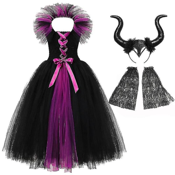 Maleficent Evil Dark Queen Halloween Girls Costume Deluxe Black Glam Dresses Kids Ball Gown Robe Children Cosplay Clothes I.Maleficent 22.6-7T