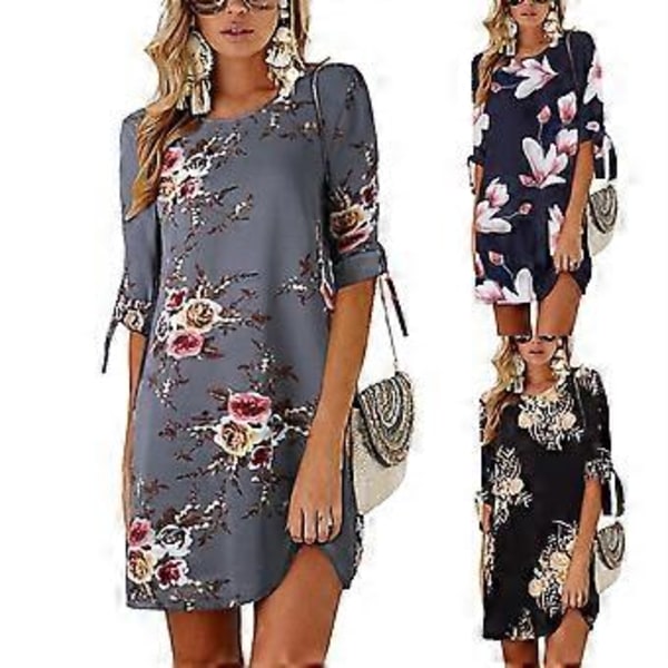 Sort 2XL Kjole med blomsterprint, rund hals, halvt ærme, over knælængde, sommerkjole