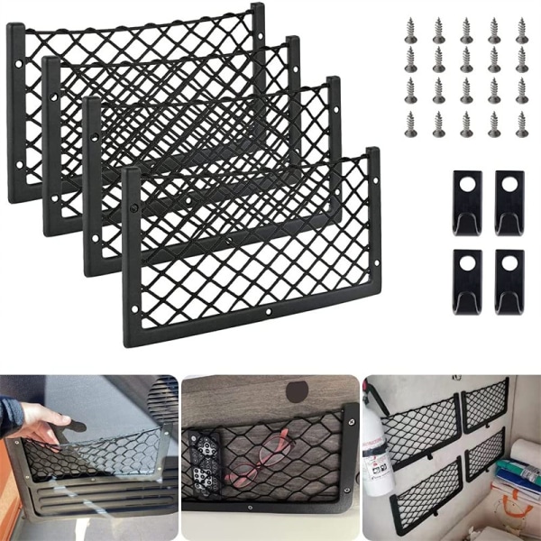 4 stk. Bil Oppbevaringsnett Bobil, Elastiske Oppbevaringsnett med Plast