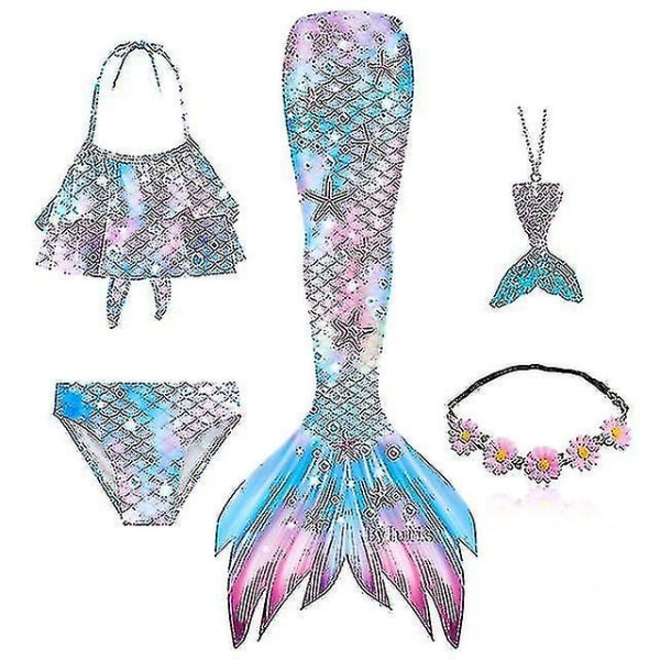 5pcs/set Girls Mermaid Tail Swimsuit Children Mermaid Ariel Cosplay Costume Fantasy Beach Bikini Y.120.Set 4