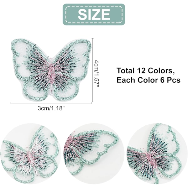 72 stk Butterfly Lace-lapper, 12 farger Broderte lapper Organ