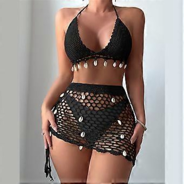Dame 2-delt Hæklet Badedragt Muslingeskaller Halter Bikini Toppe og Udhulet Høj Talje Strandnederdel Sæt Gaver Khaki L Khaki L