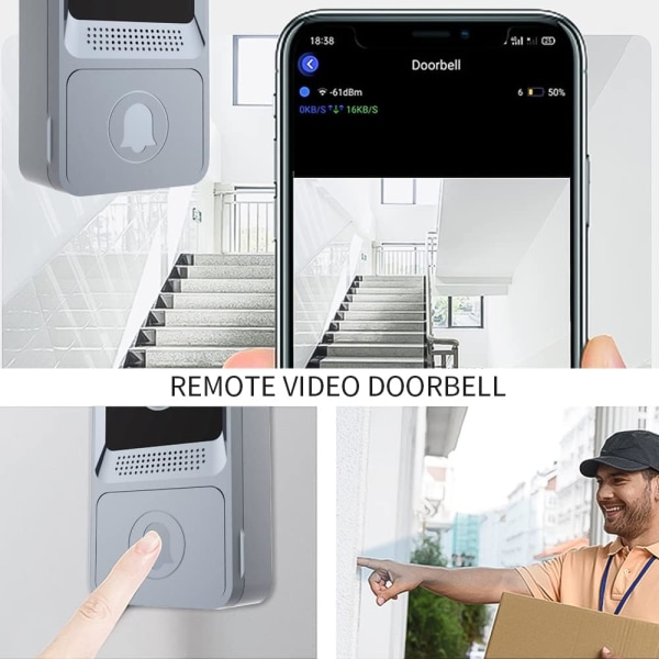 Grå - Trådlös videodörrklocka, Wi-Fi Smart videodörrklocka, Natt