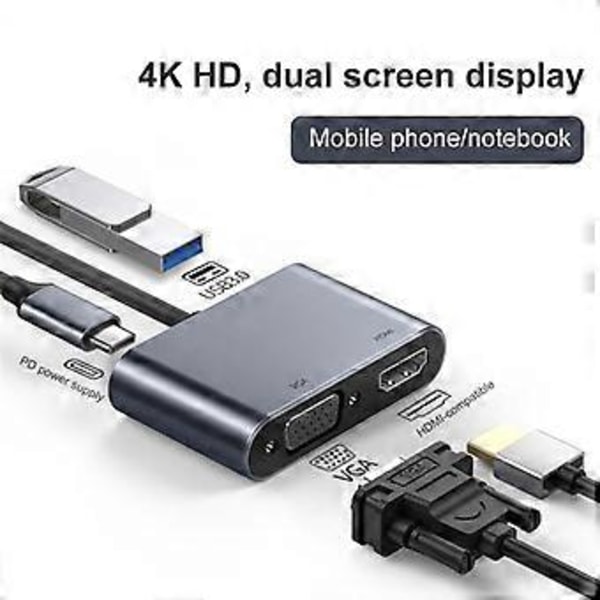RYRA 4K Type C til HDMI-kompatibel USB 3.0 VGA PD 100W Opladningsadapter Dock Hub Til