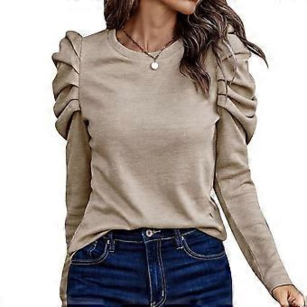 Dame Puff Langermet Topp Rund Hals Knappdekorasjon Løs Passform Casual Pullover Bluse Aprikos M