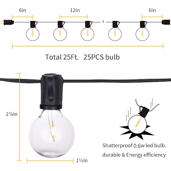 Solcelledrevne udendørs lyskæder - 25 fod - 25 G40 LED-pærer - USB S