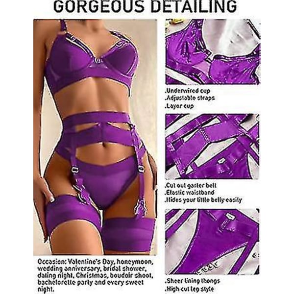 Sexy undertøyssett for kvinner, 4-delt BH- og trusesett med strømpebelte, stroppeundertøyssett med lårstropper.XXL.lilla Purple 2XL