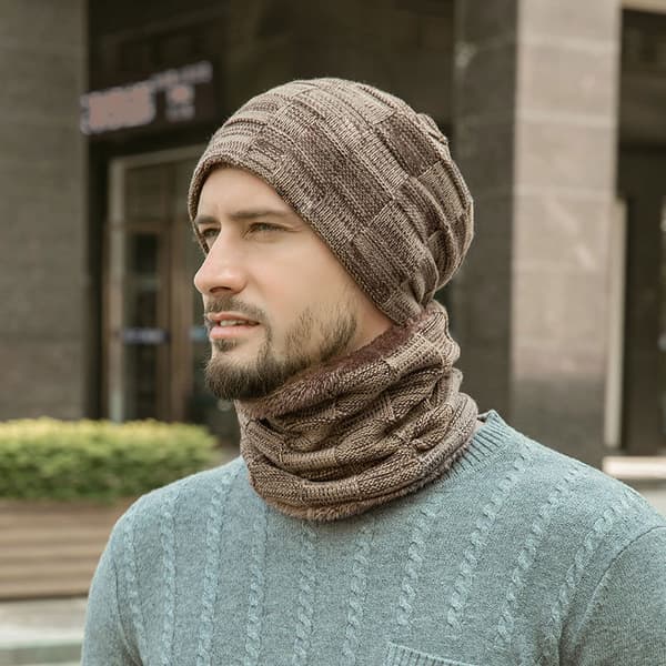 Vinterlue og skjerfsett for menn, varme strikkeluer - khaki skull cap