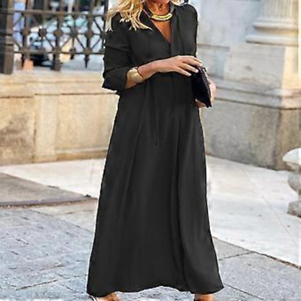 Dame Casual Kjoler Langærmet V-Hals Kjole Casual Løse Skjortekjoler Sort (style6087)