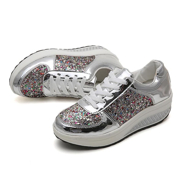 Women&#39;s Wedge Sneakers, Shiny Lace Up Wedge Shoes, Breathable Height Increasing Shoes Clog Shoes.37.sliver