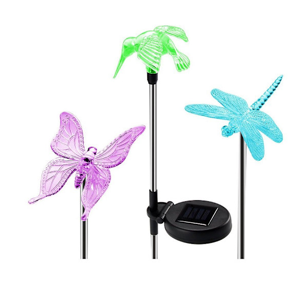 3-pack, Färgväxlande LED-solcellslampor för trädgården i fjäril, kolibri