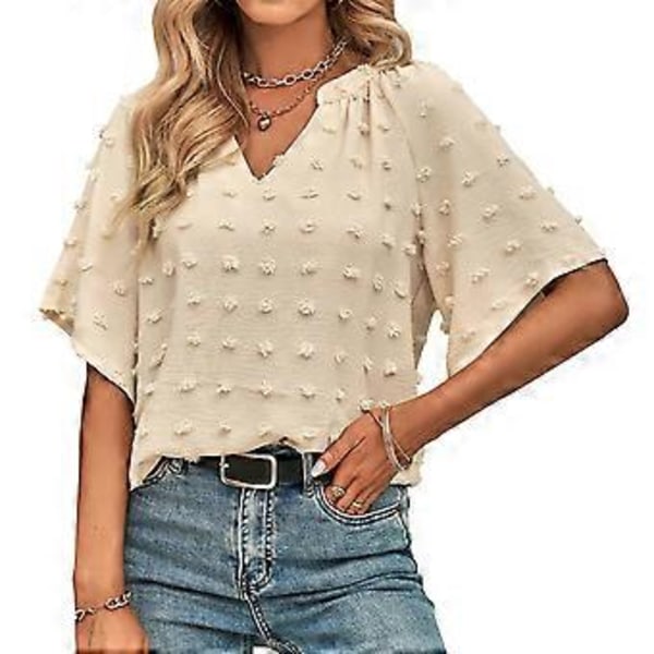 Aprikos L V-hals Sveitsisk Prikk Topp Dame Vår Sommer Løs Casual Elegant Ren Farge Skjorte Bluse for Kontorarbeid