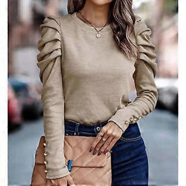 Dame Puff Langermet Topp Rund Hals Knappdekorasjon Løs Passform Casual Pullover Bluse Aprikos M