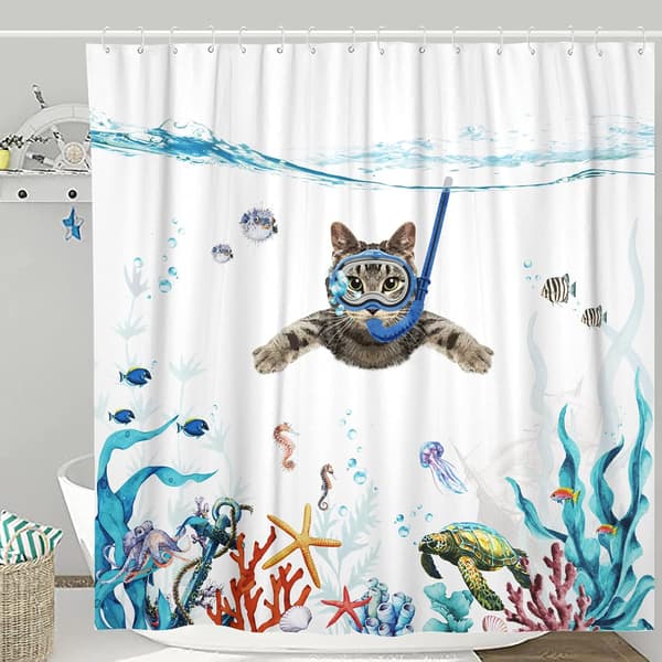 Morsom Katt Dusjforheng Blå, 72''×72'' Sett Teal Blå Hav Ocean