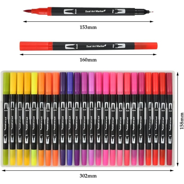 48 färger Akvarellpenna med två spetsar, penselpennor med två spetsar, färgning