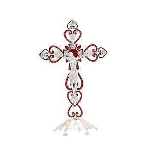 Krucifix Skulptur Kors Staty Katolsk Figurin Stående Krucifix för Hemaltare Vardagsrum Bord Sovrum silver röd silver red