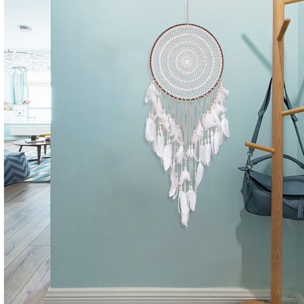 Stor Boho Dreamcatcher Hvid Fjer og Perler Vægophæng Vin