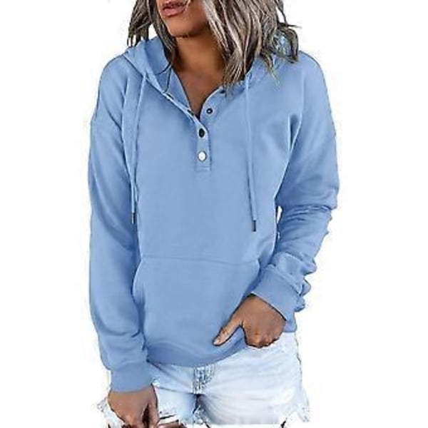 Dame Knap Front Hættetrøje Pullover Langærmet Efterår Vinter Sweatshirt Top SweaterM( style1910)