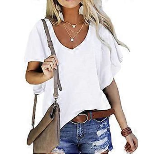 Hvit M Volangermet Bluse V-hals Ensfarget Casual Bluse Skjorte Topp for Kvinner Sommer Date