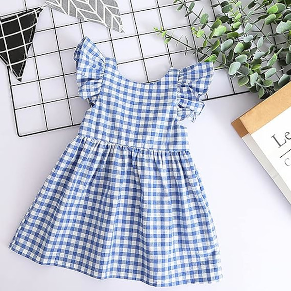 Vauvan tyttöjen ruudullinen mekko, lepattavat hihat, gingham-kuvio, kevät-kesämekko