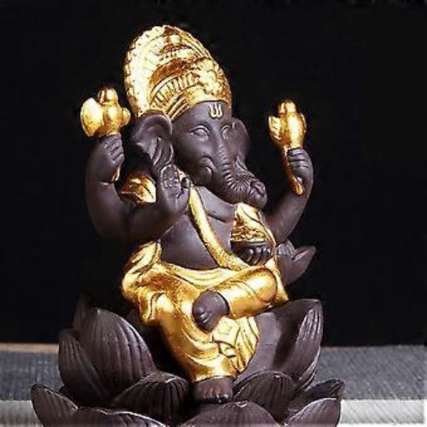Keramisk Ganesha Buddha Røgelsebrænder med Tilbageløb Håndlavet Figur Elefant Gud Statue Hjem Røgelsesholder Gylden