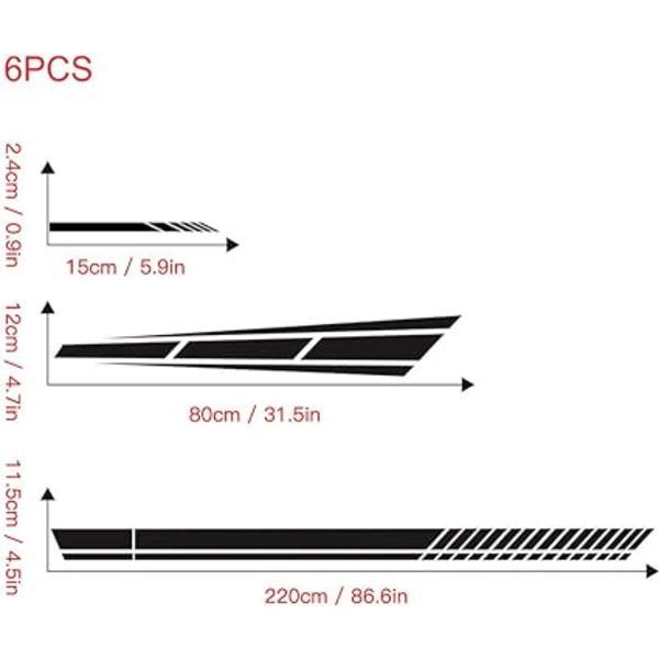 6X Bilstrikere, Stripete Sideskilt Vinyl Dekal Bil Side Grafikk