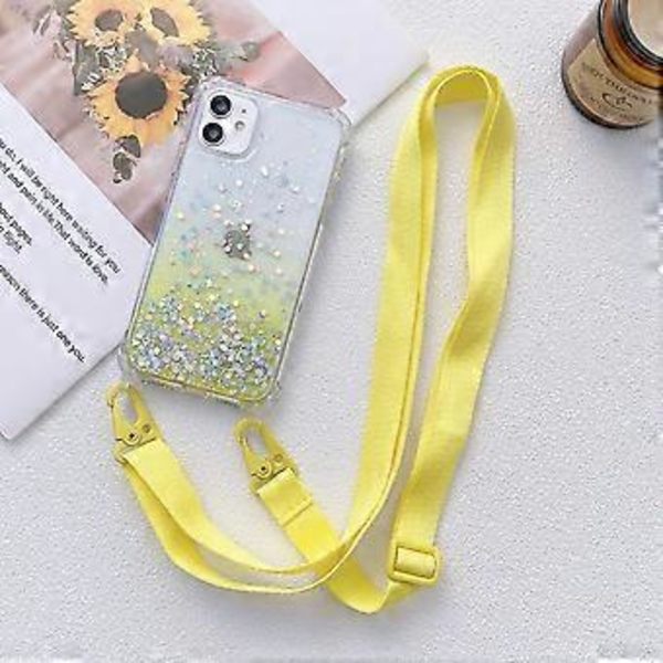 Glitter-liukuvärjätty puhelinkotelo, sopii iPhone 13 Promax -puhelimelle, läpinäkyvä puhelinkotelo leveällä crossbody-kaulanauhalla, keltainen