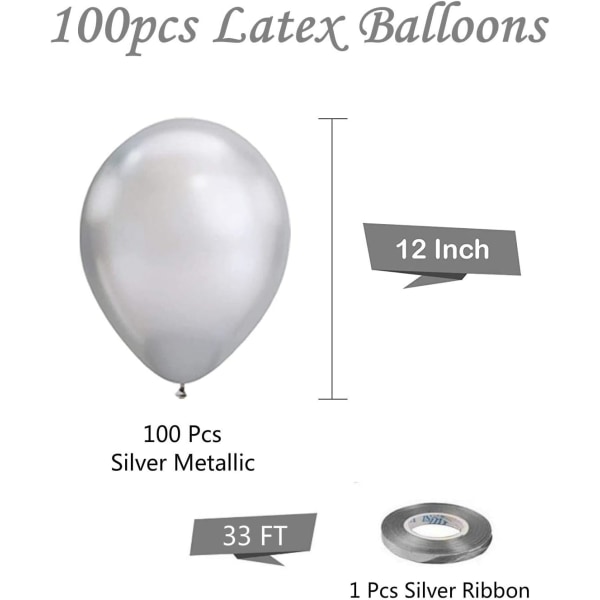 Sølv Metallic Chrome Latex Balloner, 100 Pakke 12 Tommer Runde Hel