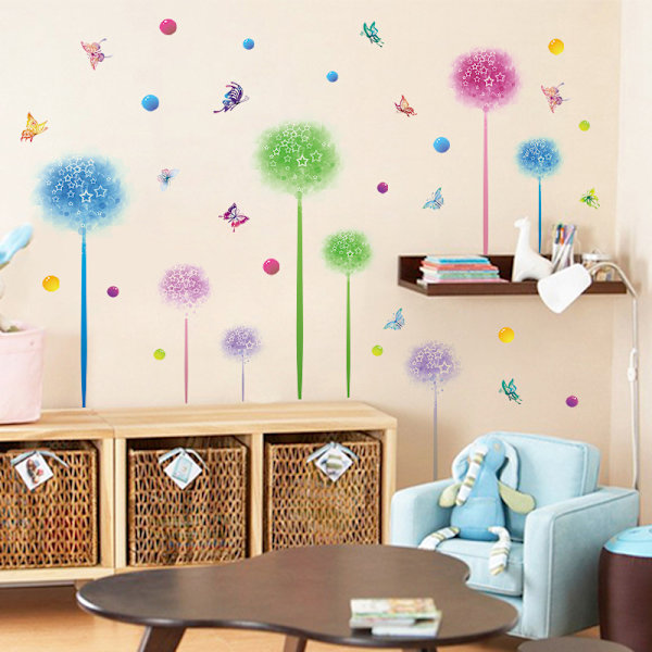 1 set Färgglada Maskros Väggdekal Blommiga Väggstickers Fjärilar och Prickar Väggdekor DIY Väggmålning Konst för Sovrum Vardagsrum Väggdekoration