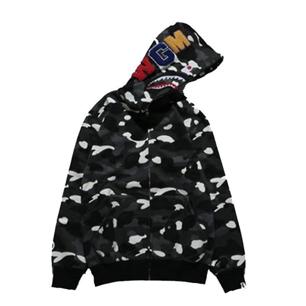 Shark Men's Casual Night Glow Camouflage Plush Hooded Sweater Jacket.L.Black