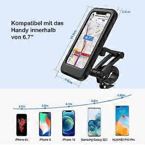 Nirvana Polkupyörän Puhelinpidike, Vedenpitävä Älypuhelinpidike Kosketusnäytöllä, 360° Kääntyvä, Korkeussäädettävä iPhone Samsung Galaxy Huaweille