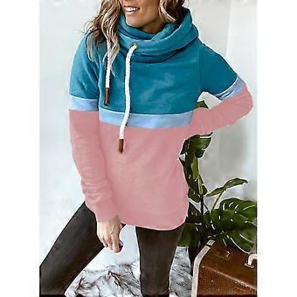 Dame Hættetrøjer Ensfarvet Farveblok Turtleneck Hættetrøje Dame Casual Hættetrøje til Efterår Vinter Søblå og Pink L