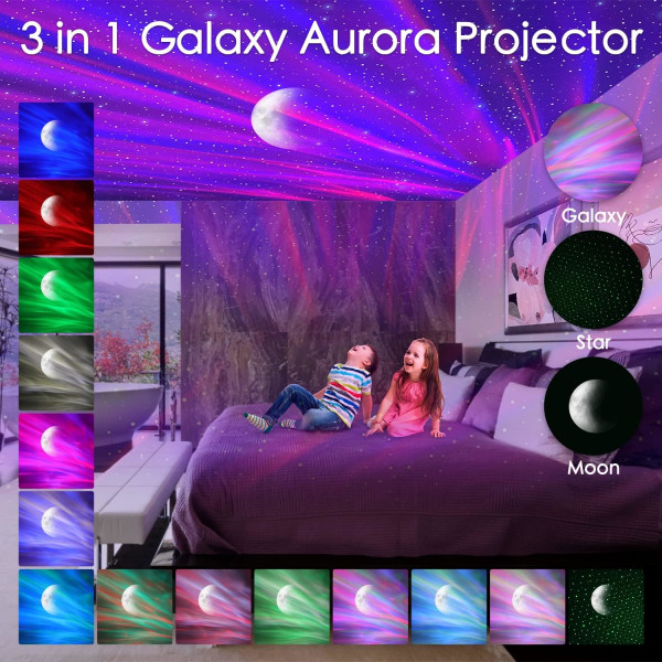 Sort LED-stjerneprojektor natlys, 3 i 1 Aurora Galaxy-projektor