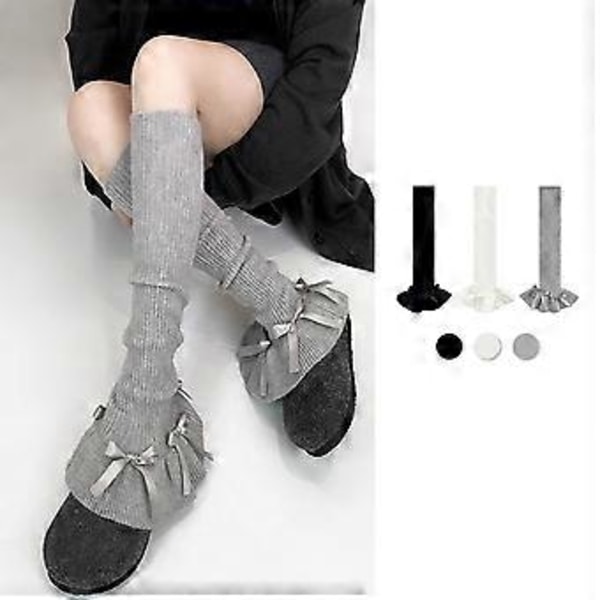 Japansk Ballettstil Kvinner Ribbestrikkede Benvarmere Søt Sløyfeknute Ensfarget Benbeskytter Fotløse Rufflede Utsvingte Sokker Grå Gray