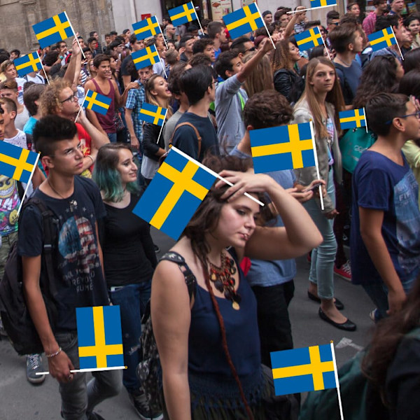 10 Ruotsin käsilippua, polyesteristä valmistettuja kaksipuolisia lippuja, jotka sopivat sisä- ja ulkokoristeluun juhannusjuhlien aikana 10 pcs