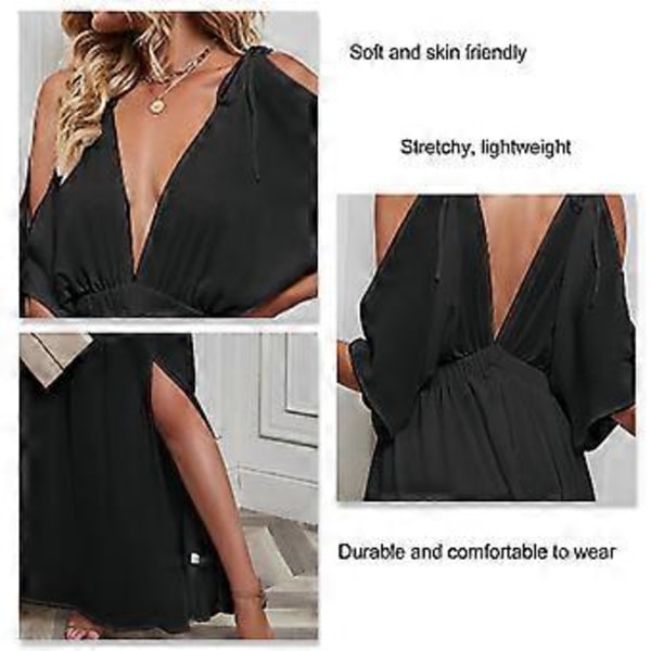Lang kjole til kvinder, dyb V-hals, let chiffon, høj slids, elegant sommerkjole til kvinder