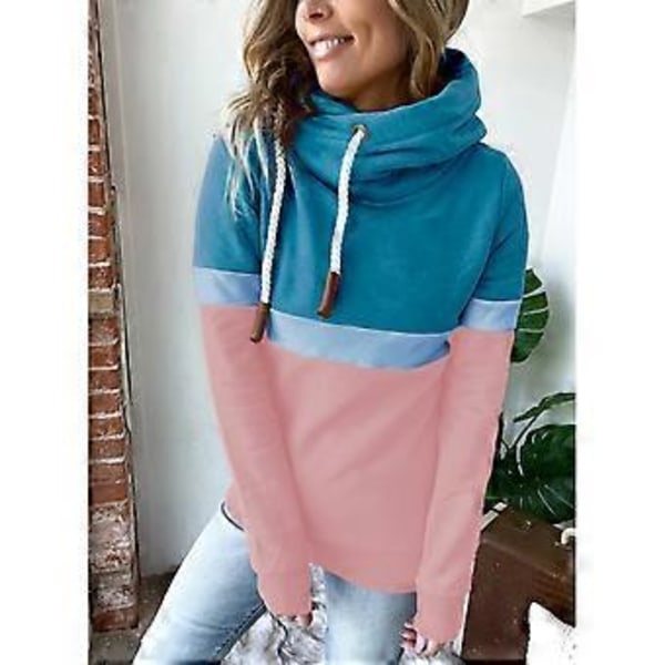 Dame Hættetrøjer Ensfarvet Farveblok Turtleneck Hættetrøje Dame Casual Hættetrøje til Efterår Vinter Søblå og Pink L