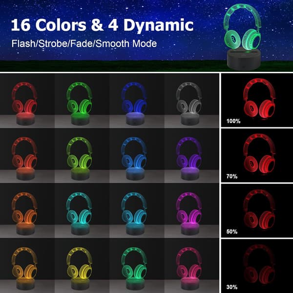 Hovedetelefon Headset 3D Illusion Lampe 16 Farver Natlys, Smart Touch