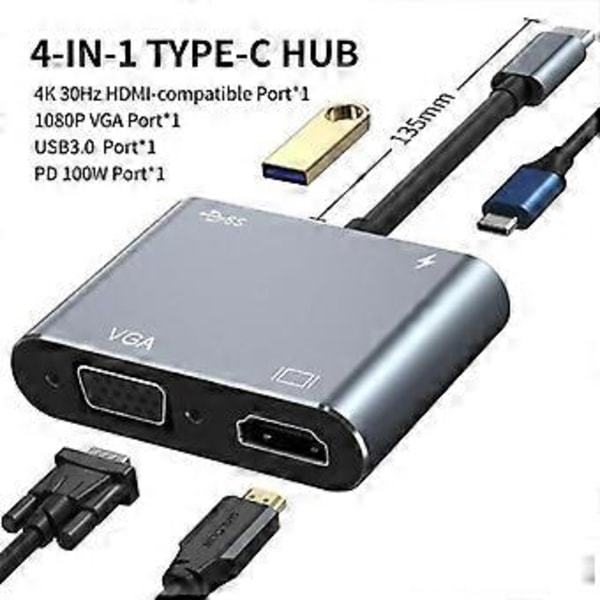 RYRA 4K Type C Till HDMI-kompatibel USB 3.0 VGA PD 100W Laddningsadapter Dockningsstation Hub För