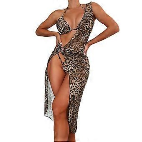 Naisten leopardikuvioinen kolmio-halter-bikini uimapuku peiteasulla Maxi-mekko 3-osainen uima-asu rantavaatteet S S