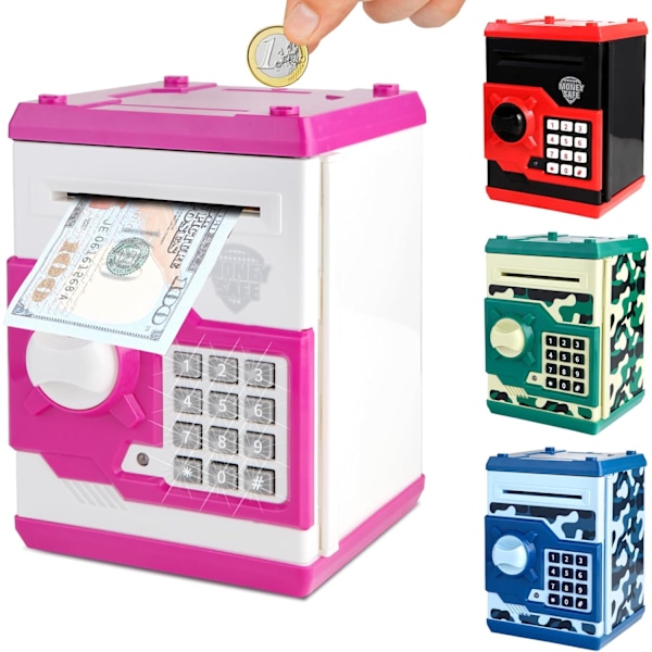Elektronisk sparegris ATM pengeskap, bank automatisk rullende ATM sparegris, egnet for gutter og jenters bursdagsgaveleker (rosa og hvit)