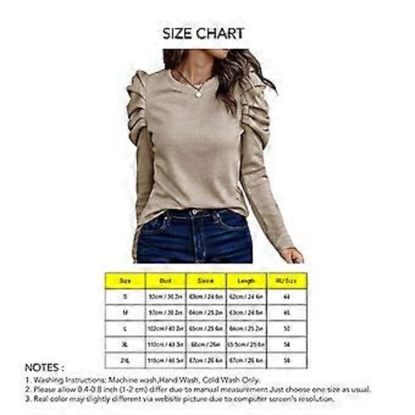 Dame Puff Langermet Topp Rund Hals Knappdekorasjon Løs Passform Casual Pullover Bluse Aprikos M