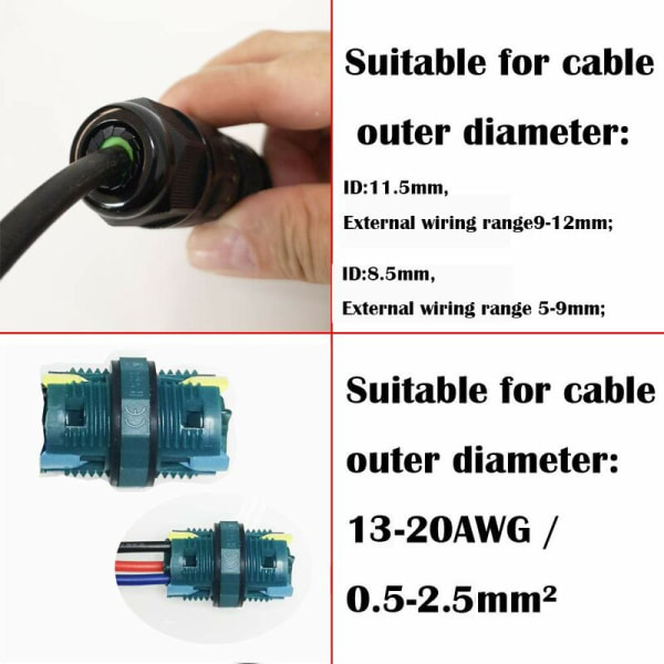Vandtæt afgreningsdåse udendørs kabelforbindelse, IP68 vandtæt muffe udendørs kabelforbindelse til en til 2-polet/3-polet dockingkabel, M20-3P (9-12 mm) (2 stk)