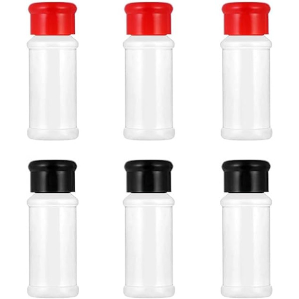 6 plastik krydderidåser (sort+rød), salt og peber shaker krydderi